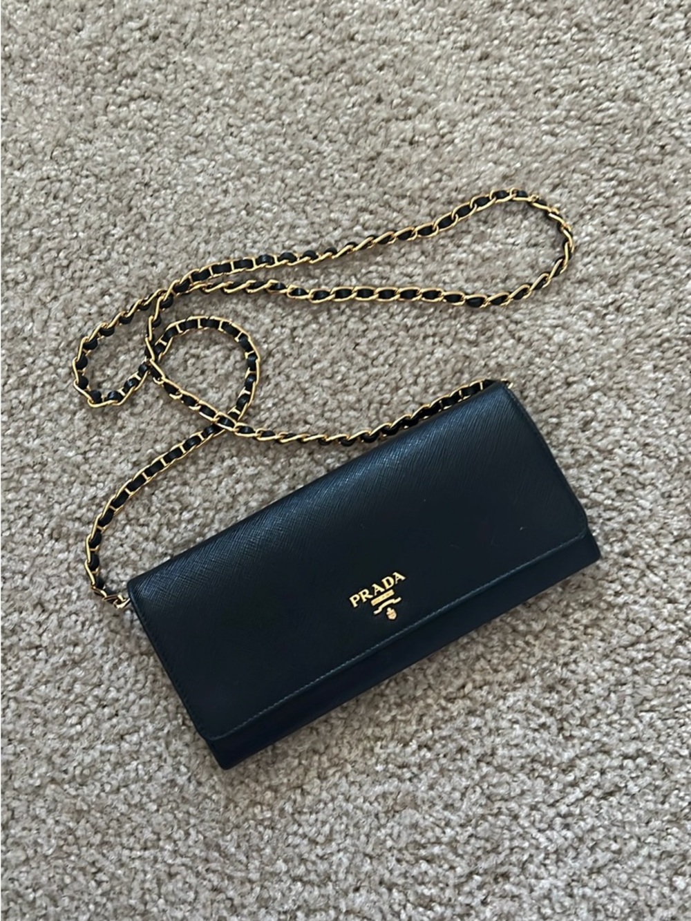 Prada Saffiano Black Leather Crossbody Wallet on Gold Chain